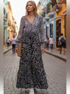 OMIKA /Anthropologie Blue Multi & White Floral Print Bohemian Maxi Dress
